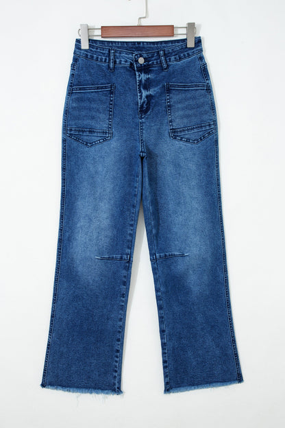 Denim Frayed Hem Cropped Straight Leg Jeans - - Bottoms/Jeans