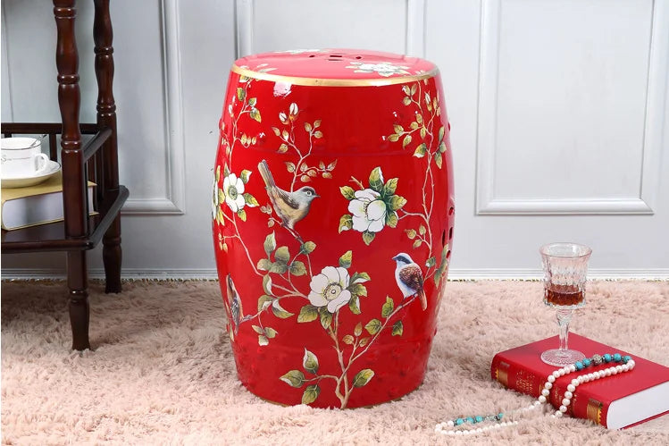 Decorative Drum Ceramic Stools Hand Painted Chinese Flower and Bird Pattern Art