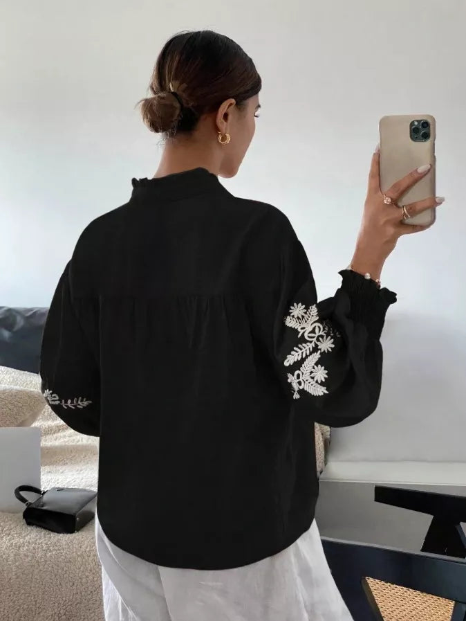 Embroidered Notched Long Sleeve Blouse - -