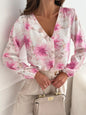 Floral V-Neck Long Sleeve Blouse - Fuchsia Pink -