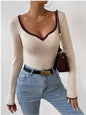 Contrast Trim Long Sleeve Knit Top - Beige -