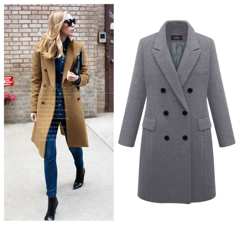 Women Lapel Collar Double Breasted Coats Solid Woolen Overcoat