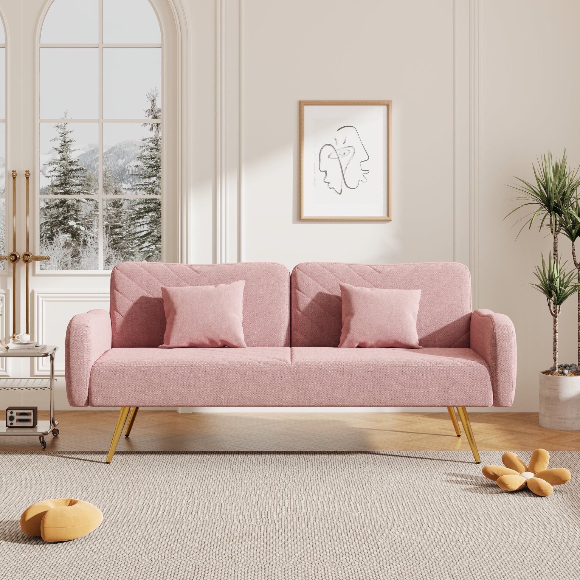 70.47" Pink Fabric Double Sofa with Split Backrest and Two Throw Pillows- V.I.P Digital Presence- {{Product type}}