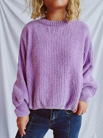 Round Neck Dropped Shoulder Long Sleeve Sweater - Lavender One Size -