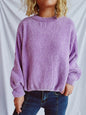 Round Neck Dropped Shoulder Long Sleeve Sweater - Lavender One Size -