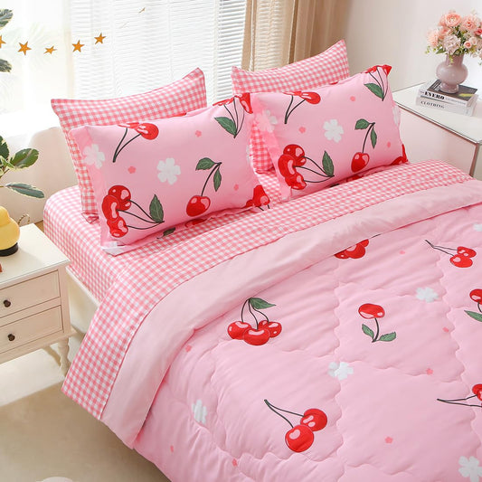 Gusuhome Pink Cherry 7-Piece Bedding Set - Cherry Twin - bedding set
