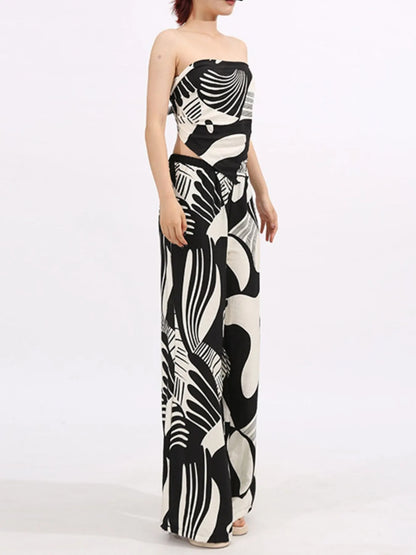 Abstract Print Tube Top and Wide Leg Pants Two-Piece Set - -