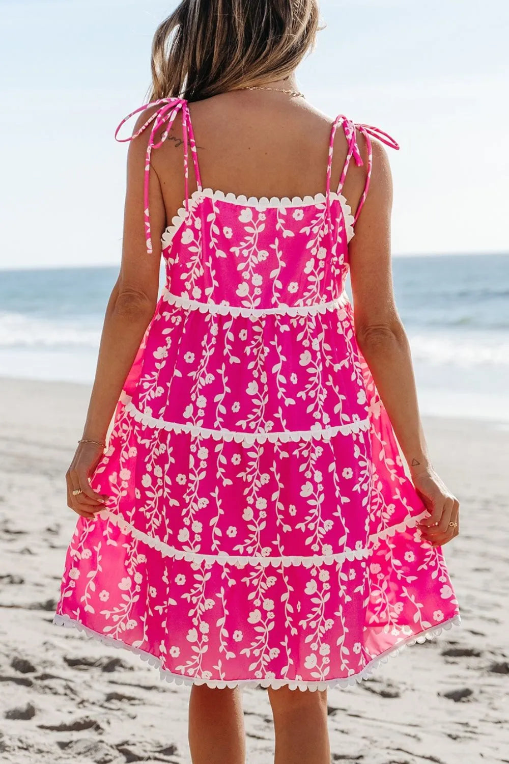 Floral Print Ric Rac Patched Sleeveless Mini Dress - -