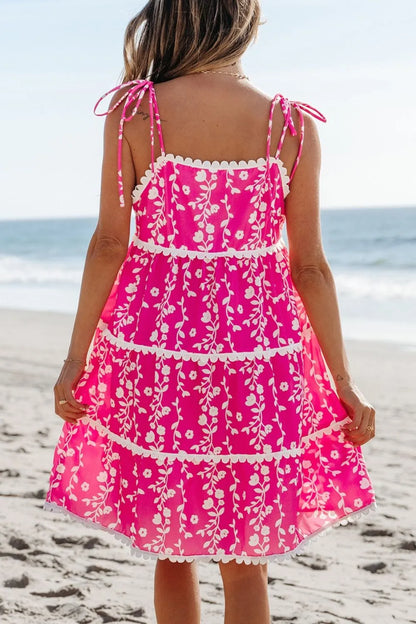 Floral Print Ric Rac Patched Sleeveless Mini Dress - -