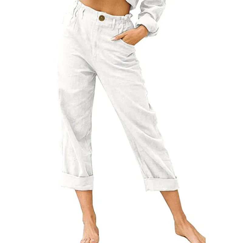 Cotton Linen Women's Long Pants Pockets Button Loose Pants