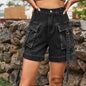 High Waist Denim Cargo Shorts - Dark Gray -