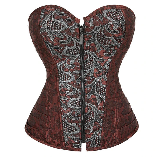 Classic Floral Printing Corset Brown 12 Steel Boned Faux Leather Brocade Corset