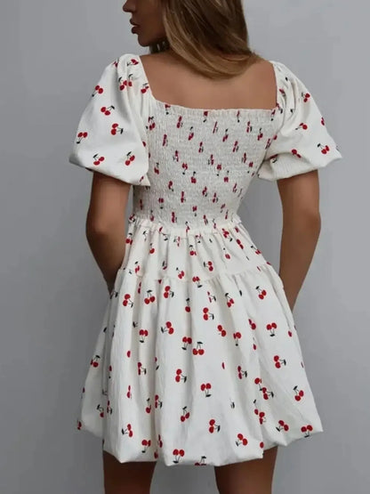 Puff Sleeve Cherry Print Smocked Mini Dress - -