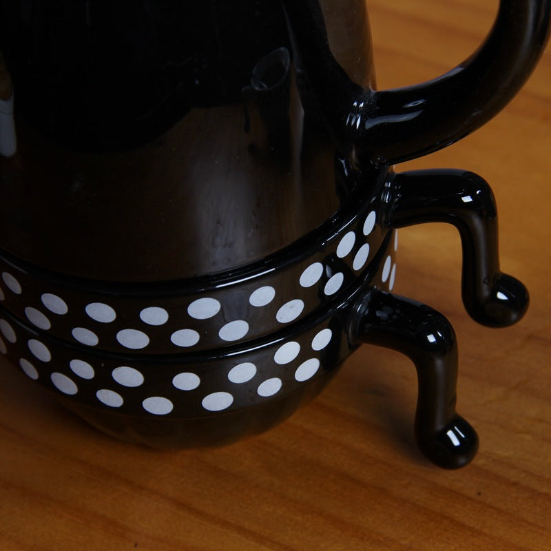 Ceramic Cup Set with Black and White Cat Design - - tea set