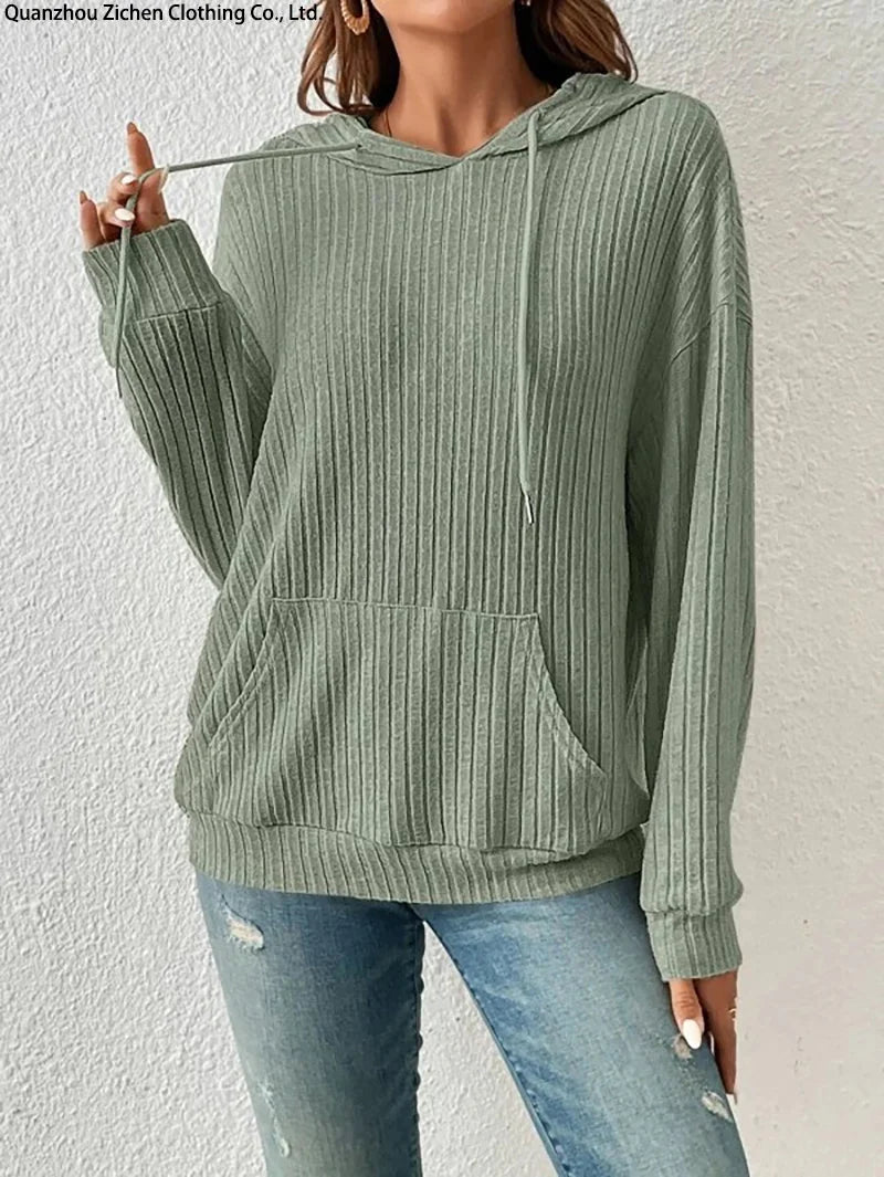 Long Sleeve Round Neck Sweater Hooded Kangaroo Pocket Casual Solid Top