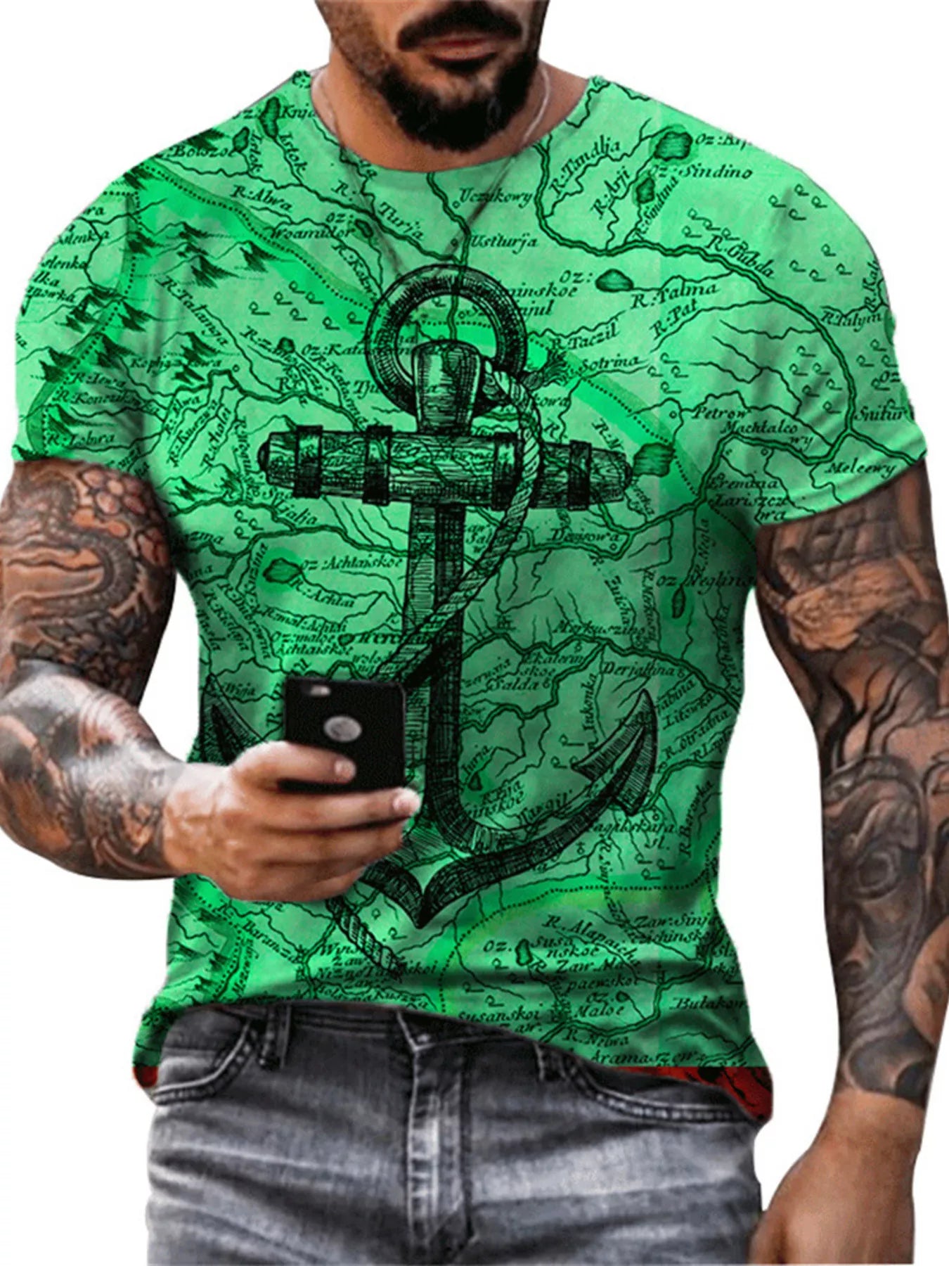 Men's Full Size Artistic Compass Graphic Round Neck T-Shirt Plus Size - Green -