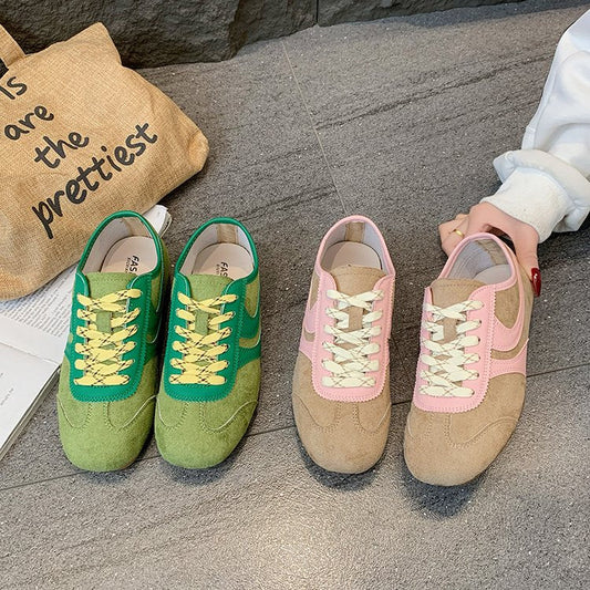 Women's Contrast Panel Suede Retro Sneakers - - Footwear