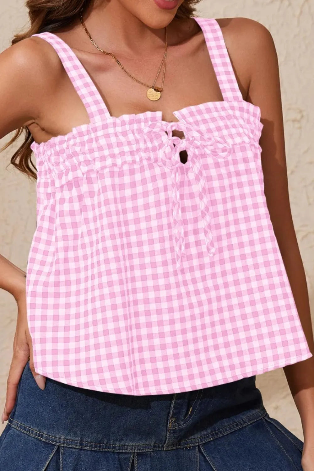Tied Front Textured Square Neck Cami - - Top