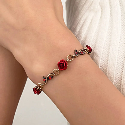 Retro French Rose Bracelet Necklace Earring Set Red Rose Jewelry Set