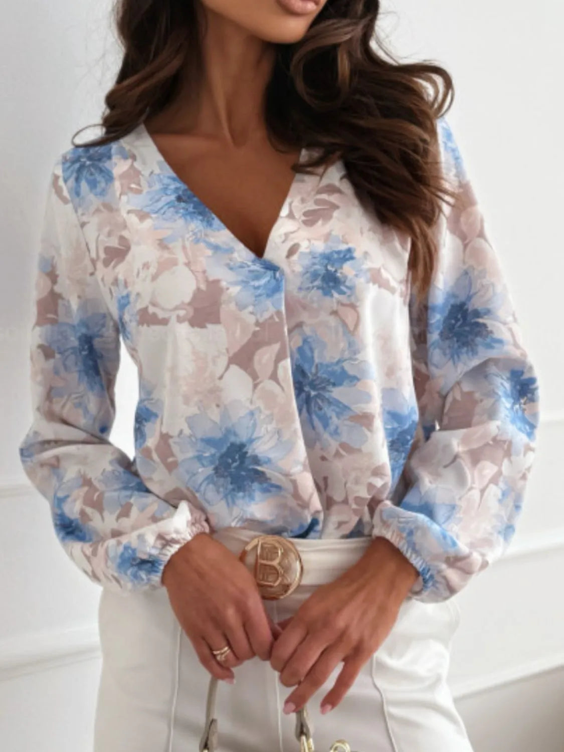 Floral V-Neck Long Sleeve Blouse - -