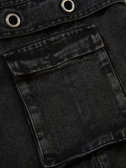 Men's Wide Leg Cargo Denim Jeans with Multi Pockets - -