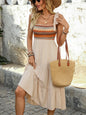 Tie Shoulder Square Neck Tiered Midi Dress - Tan -