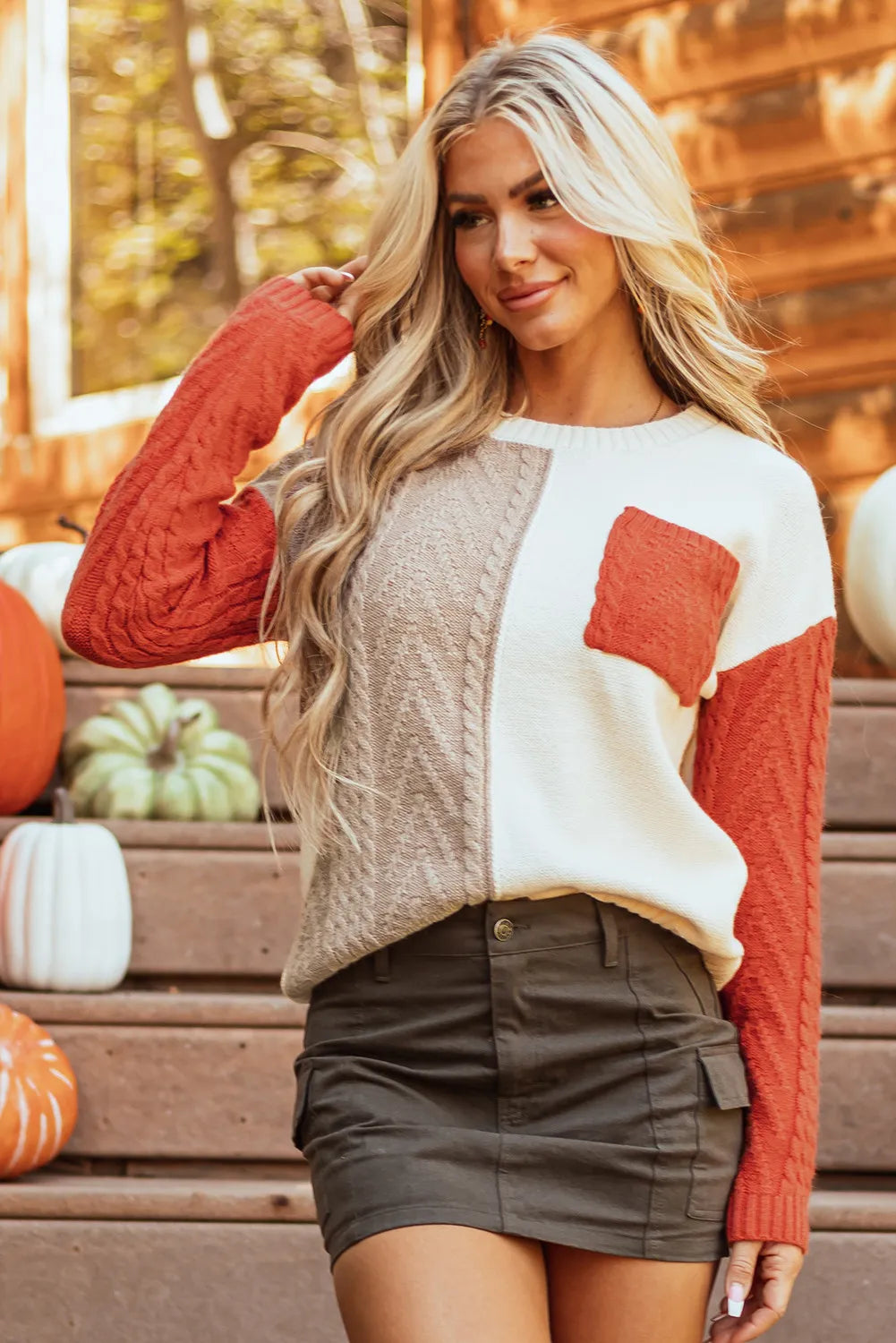 Color Block Round Neck Long Sleeve Sweater - -