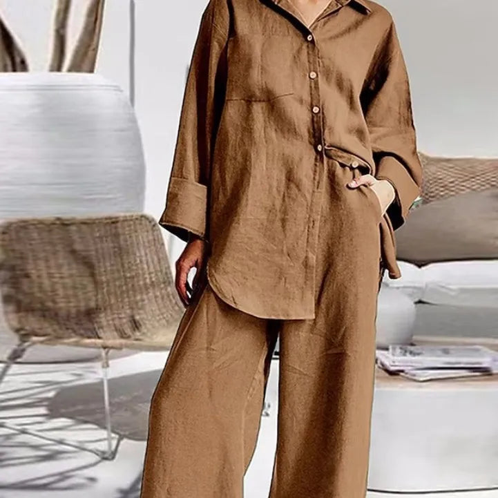 Long Sleeve Cotton Linen Shirt and Loose Pants Two Piece Set Loungewear Set