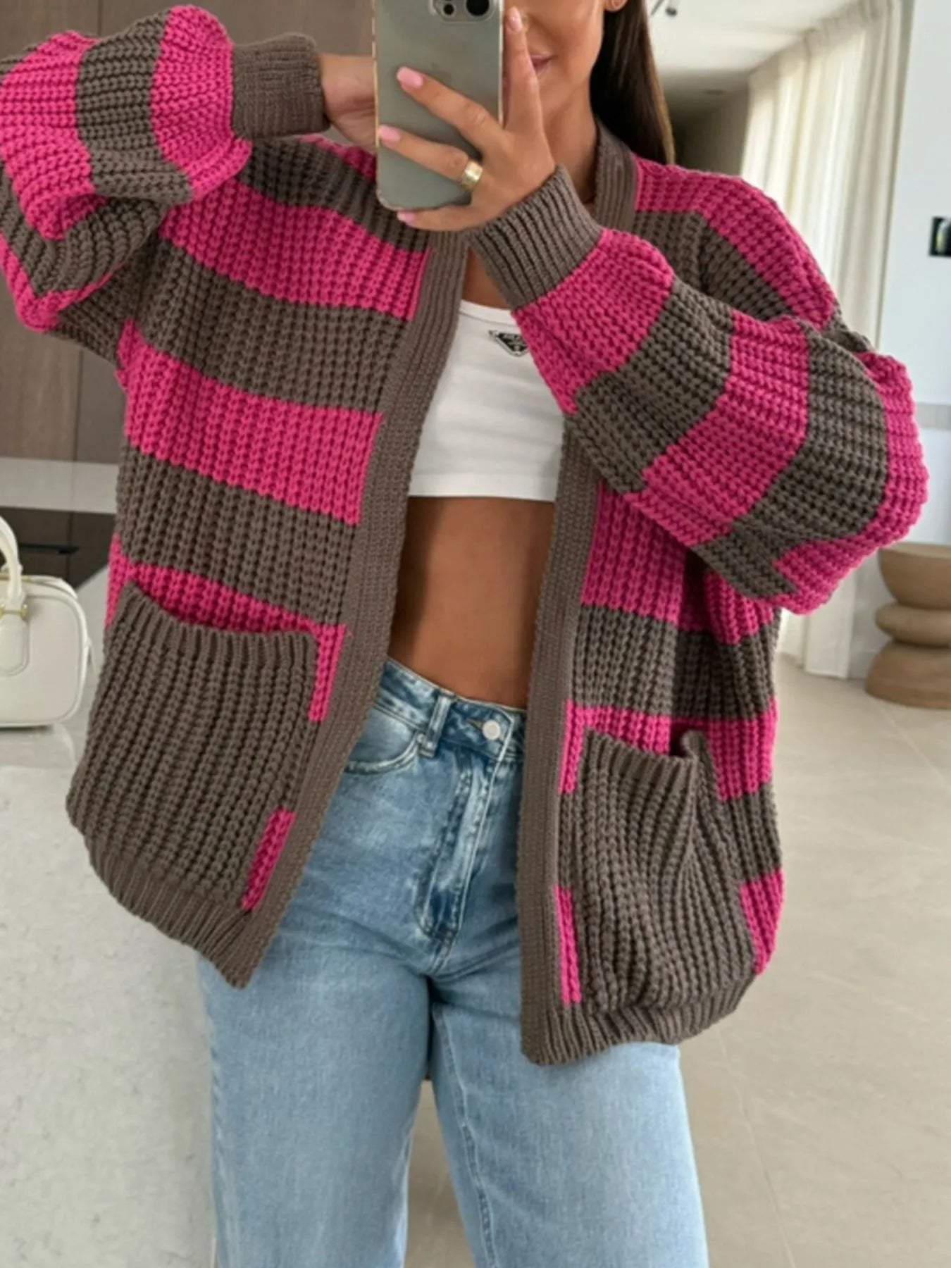 Striped Open Front Long Sleeve Cardigan - -