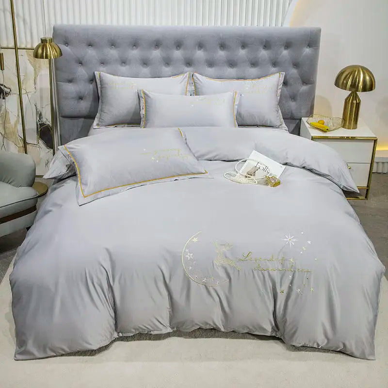 Organic Embroidered 4pcs Silky Satin Bedding Set