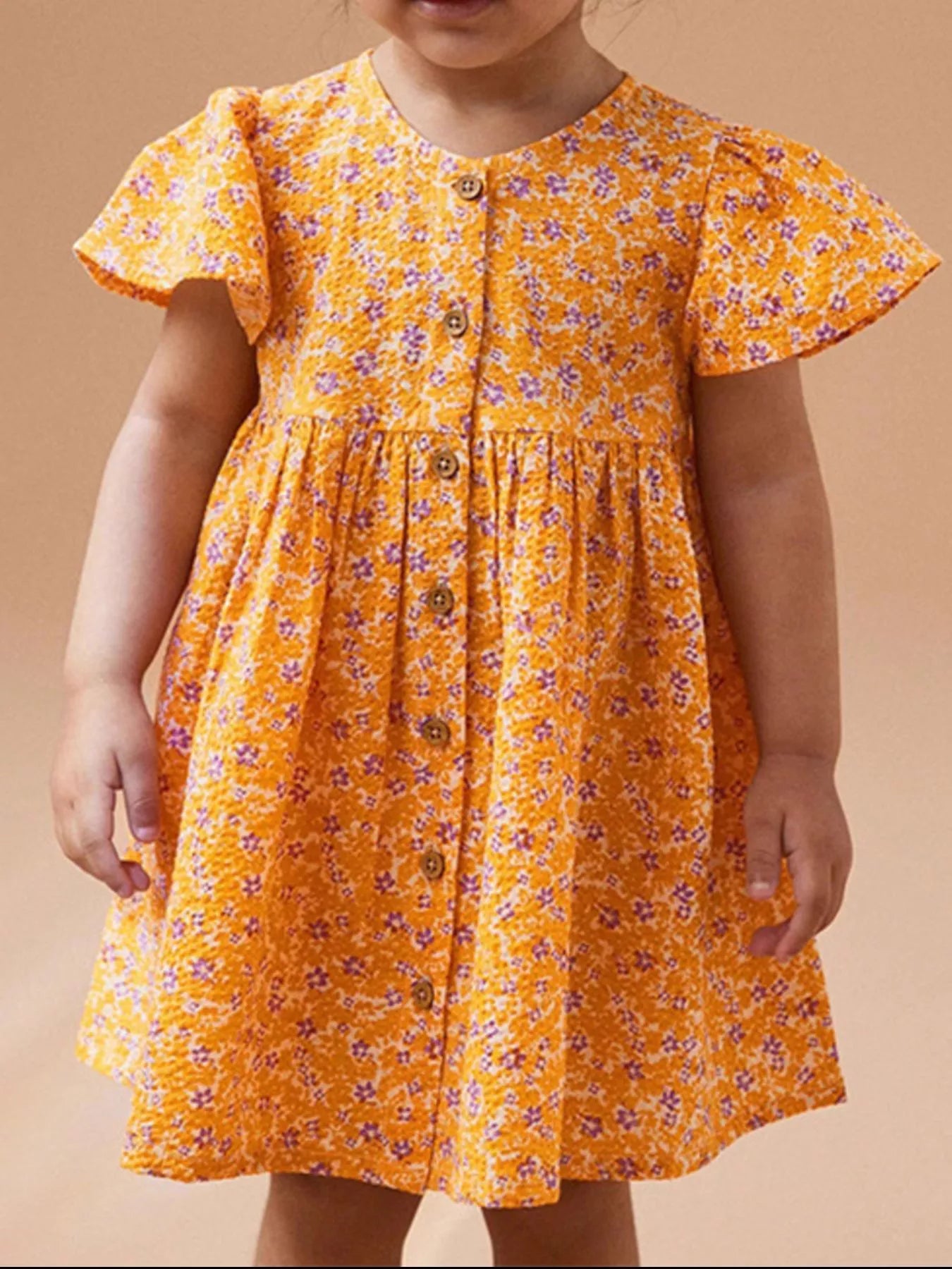 Children's Floral Print Button-Front Flutter Sleeve Dress - Tangerine -