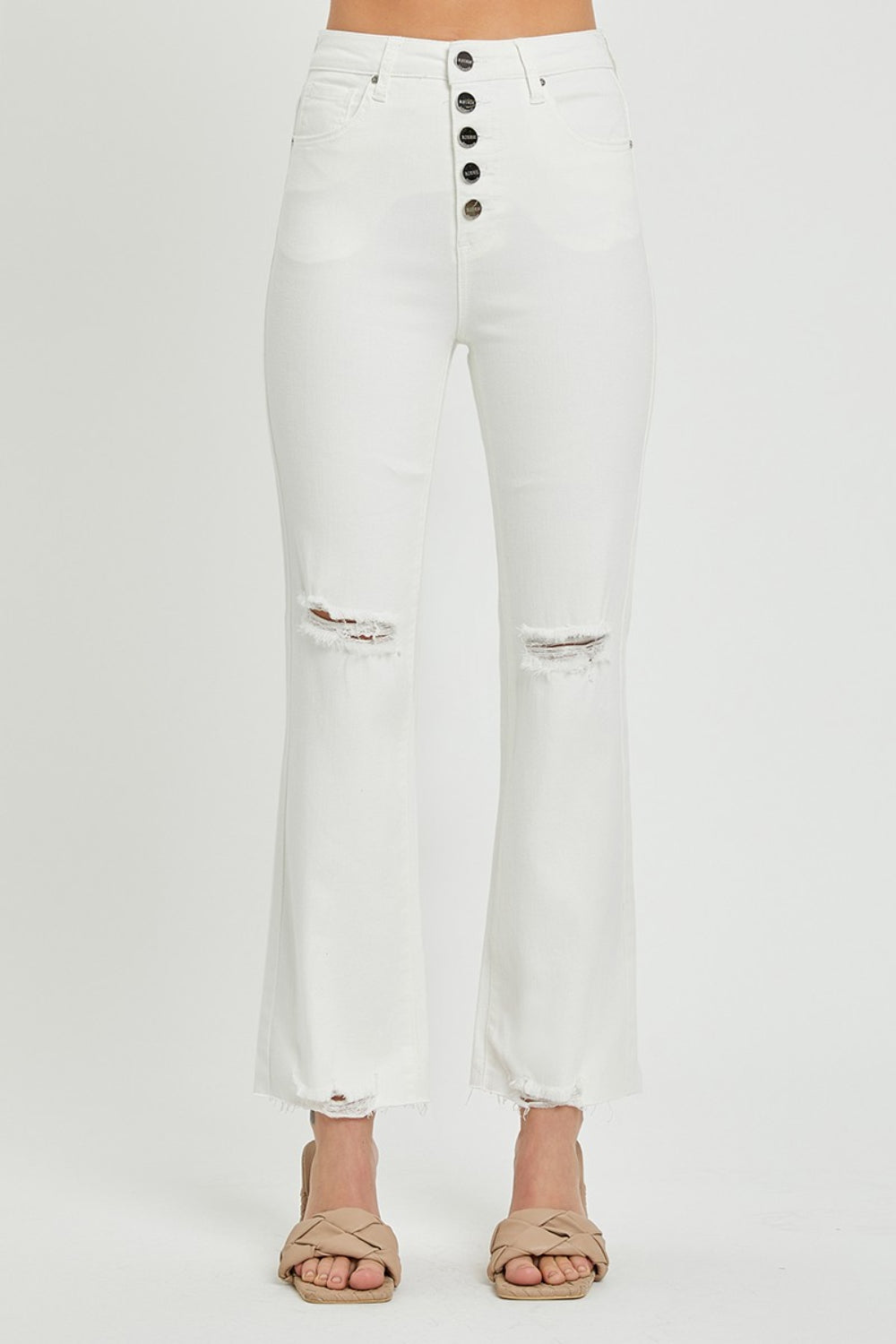 RISEN High Rise Button Fly White Denim Straight Leg Jeans - - jeans