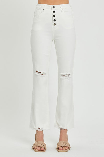 RISEN High Rise Button Fly White Denim Straight Leg Jeans - - jeans