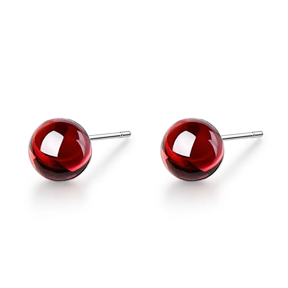 Red Garnet Stone Stud Earrings Small Round Ball Earrings for Women