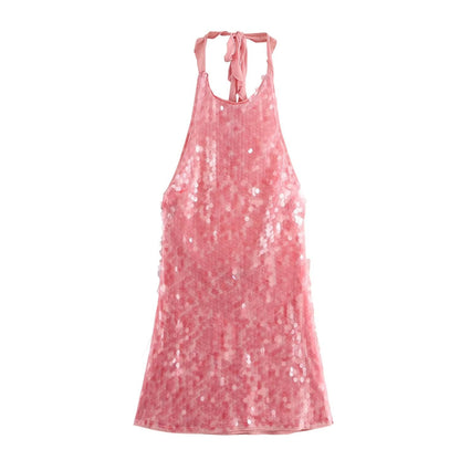 Beaded Halter Mini Dress - Picture Color S - dress