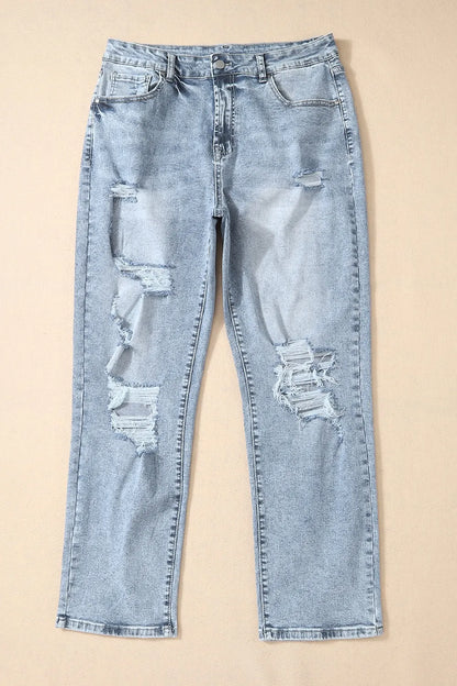 Distressed High Waist Jeans - -