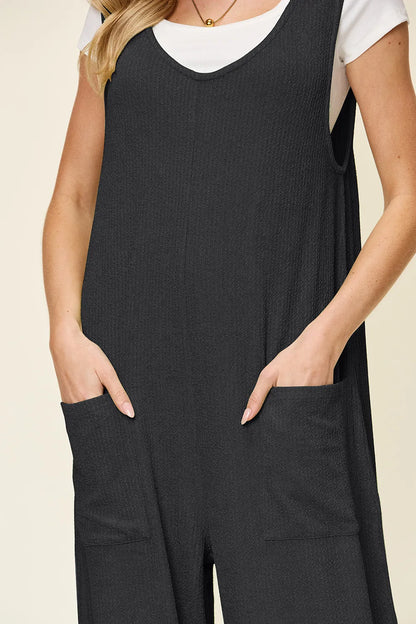 Double Take Full Size Texture Sleeveless Wide Leg Jumpsuit - -