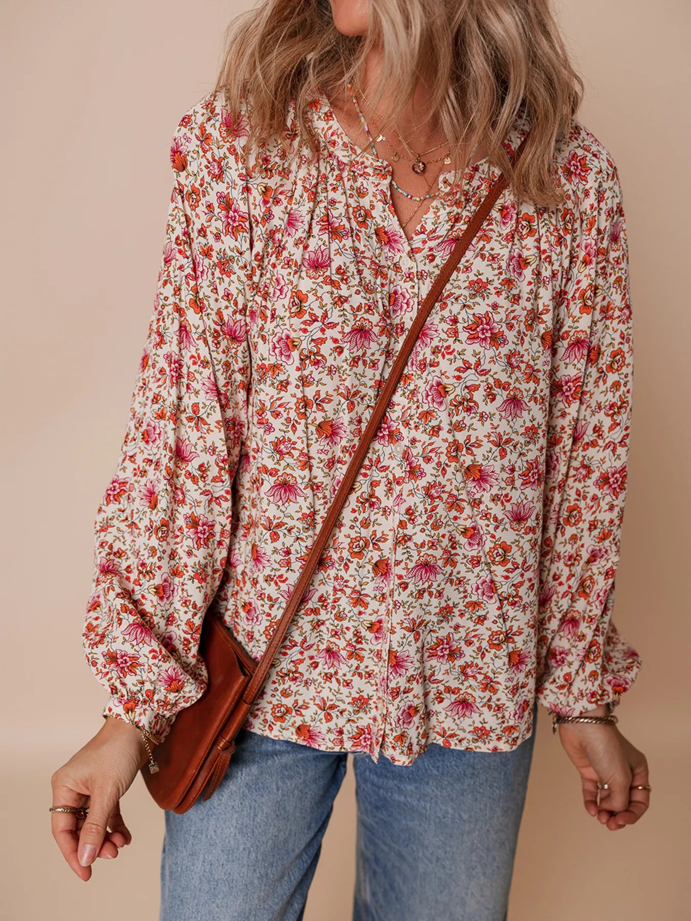 Floral Long Sleeve Button Down Blouse - -