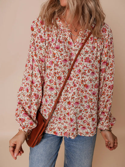 Floral Long Sleeve Button Down Blouse - -
