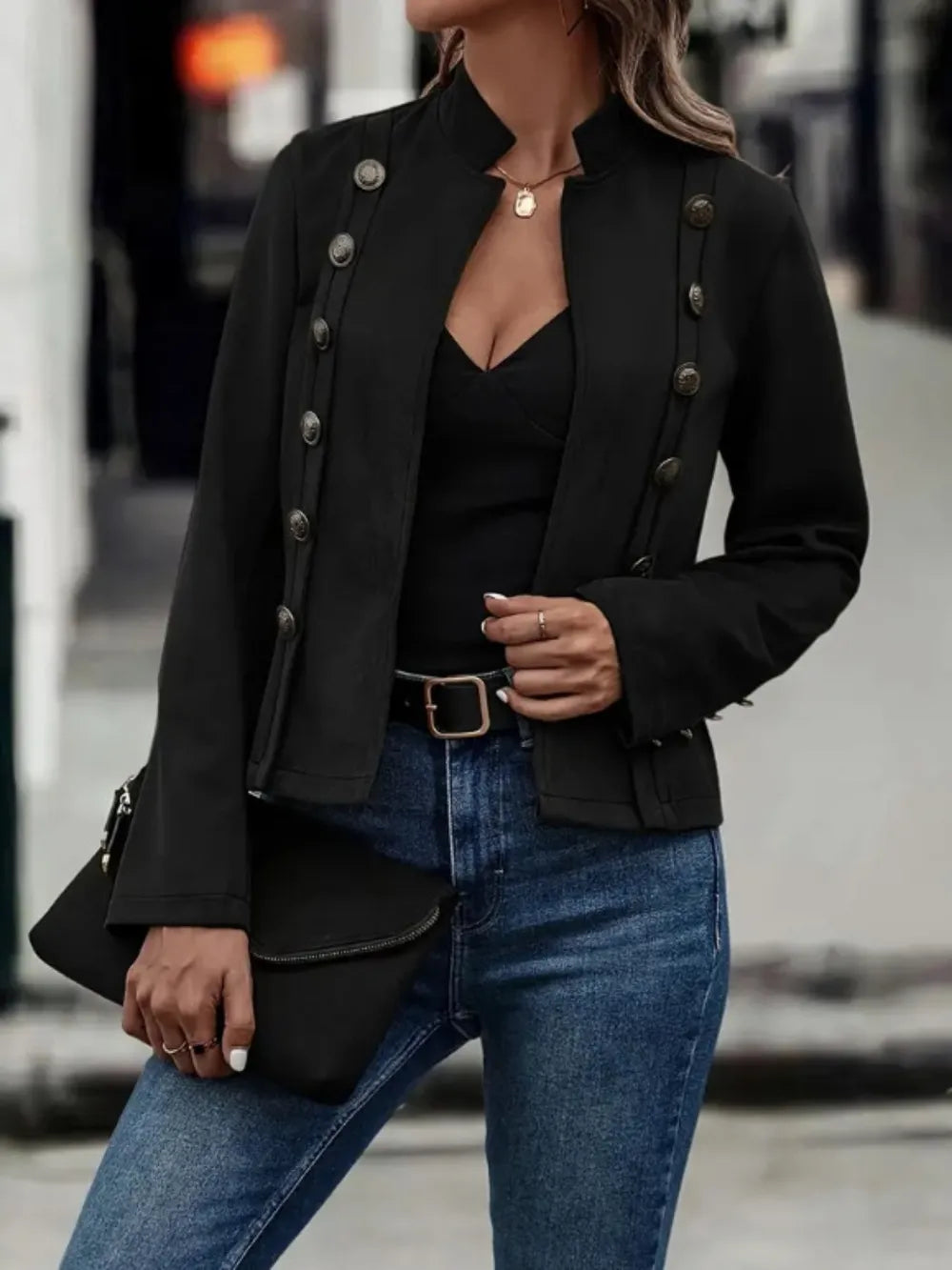 Decorative Button Open Front Long Sleeve Jacket - -