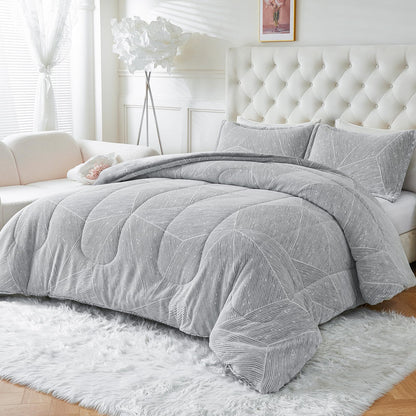 YIYEA Grey Faux Fur Queen Size Comforter Set - - blanket