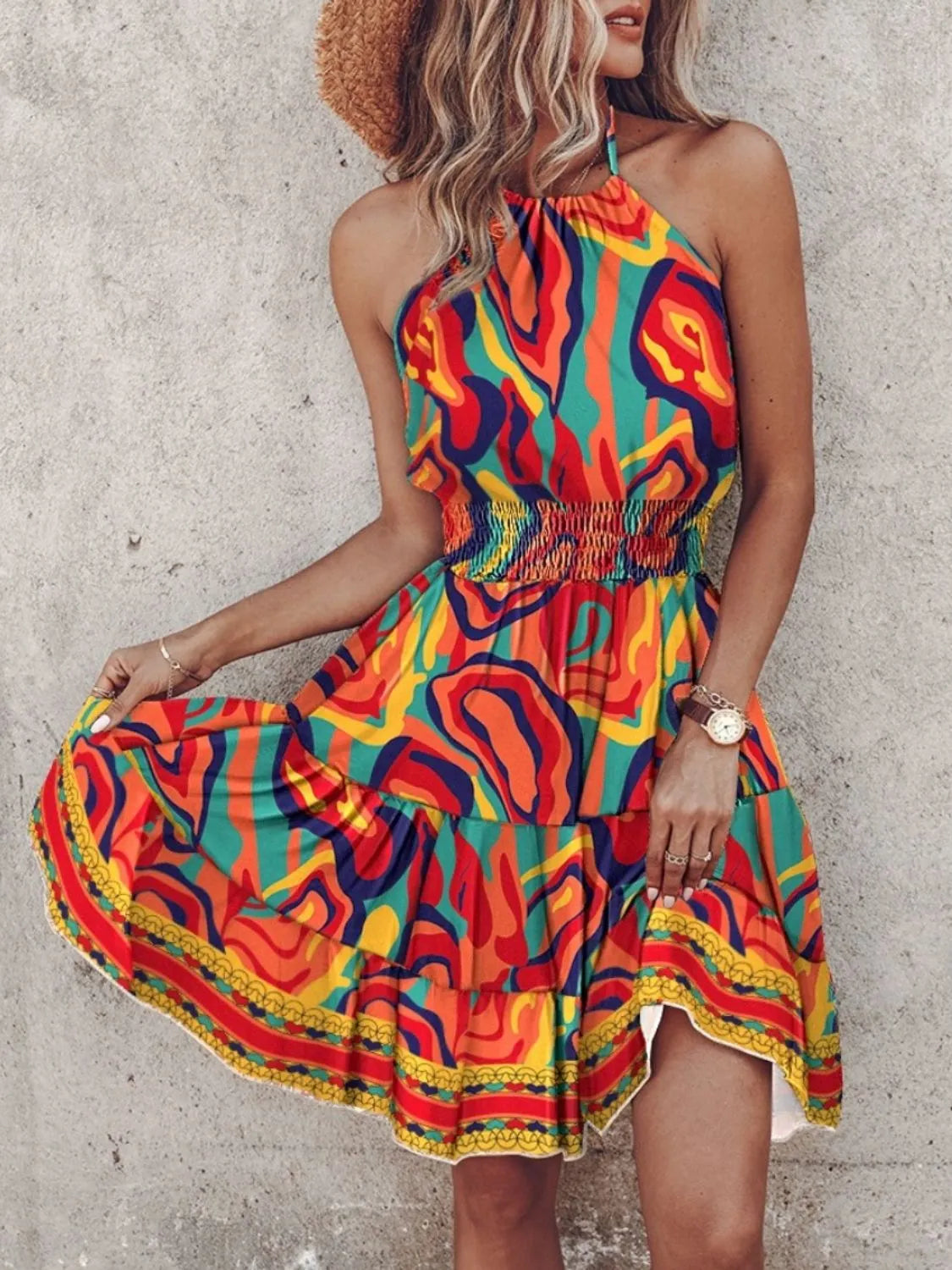 Paisley Print Halter Neck Mini Dress - Orange -