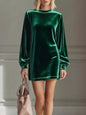 Velvet Long Sleeve Mini Dress - Olive - Dresses