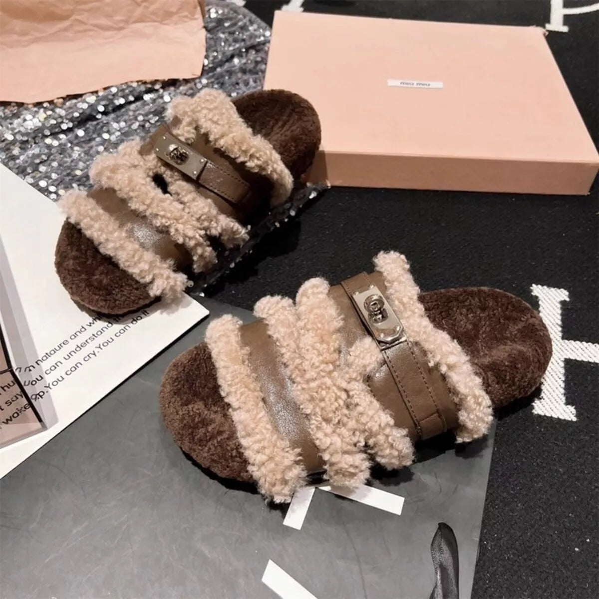 Fuzzy Buckle Accent Plush Slippers - Brown -