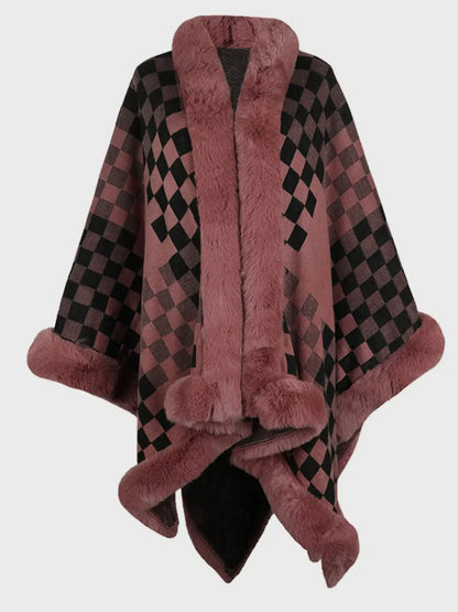 Fuzzy Checkered Long Sleeve Poncho - Dusty Pink One Size -