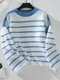 Striped Round Neck Long Sleeve Sweater - Blue -