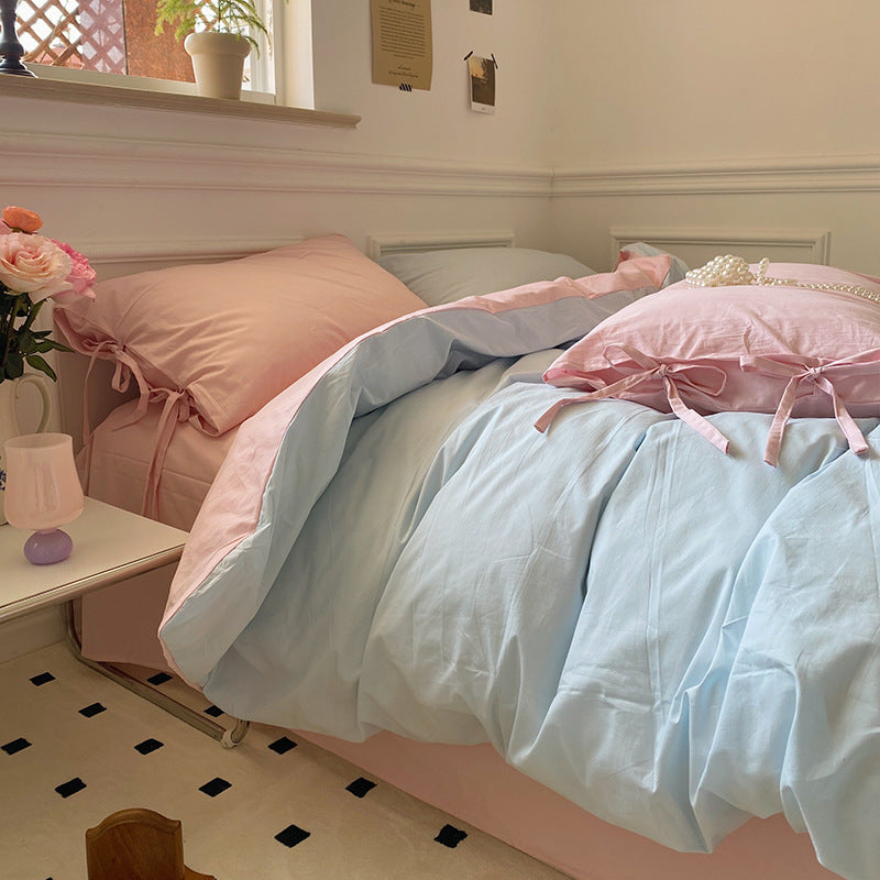 All Cotton Washed Cotton Four-piece Set Soft Comfortable Bow Bedding- FLIPSTYLEZLLC- {{Product type}}