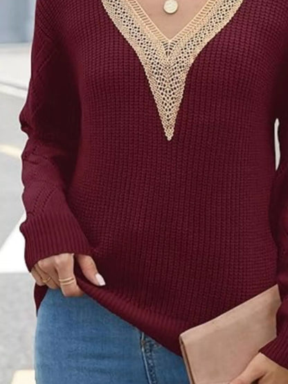 Openwork V-Neck Long Sleeve Sweater - -