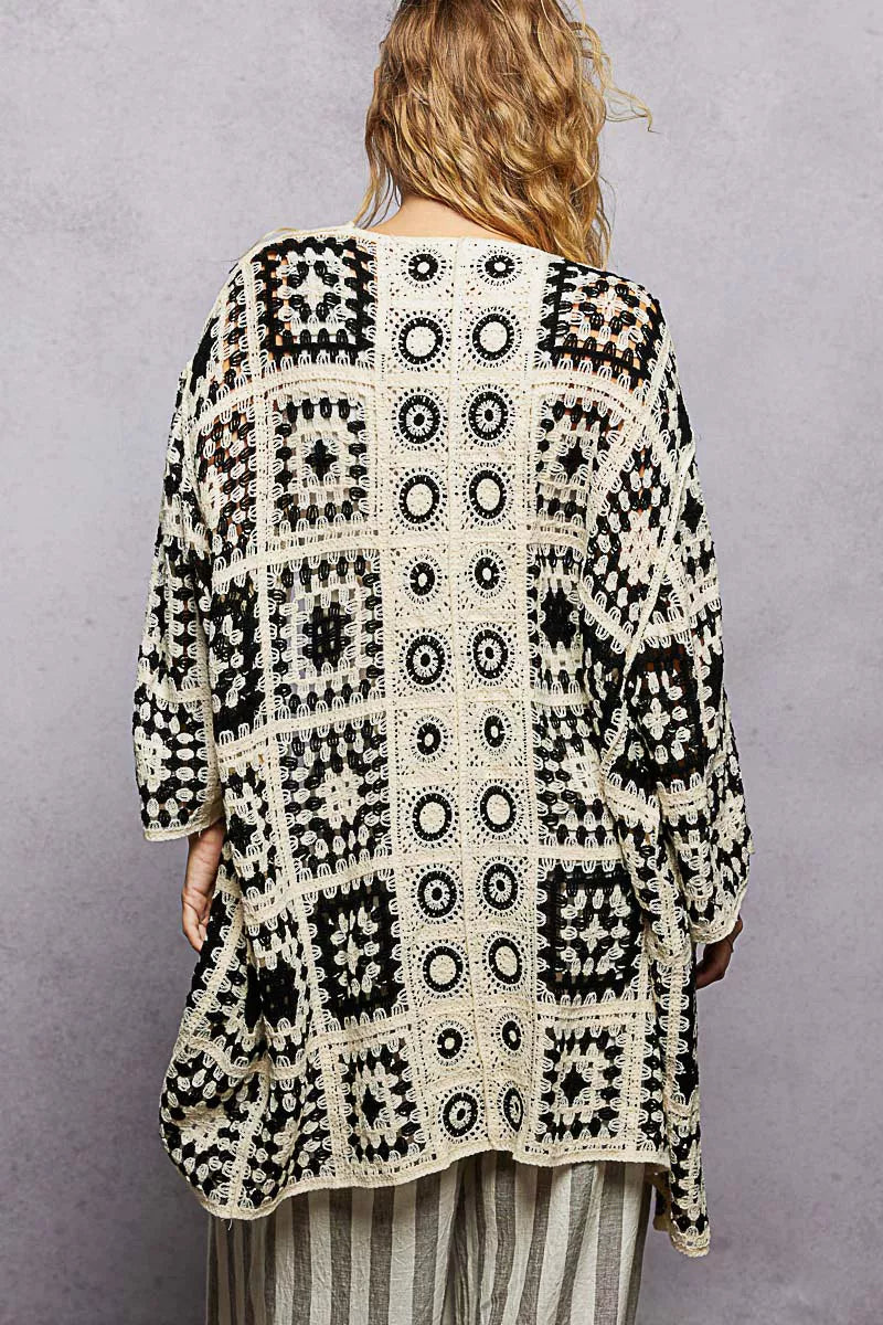 POL Black Granny Square Pattern Open Front Crochet Cardigan - - Cardigans