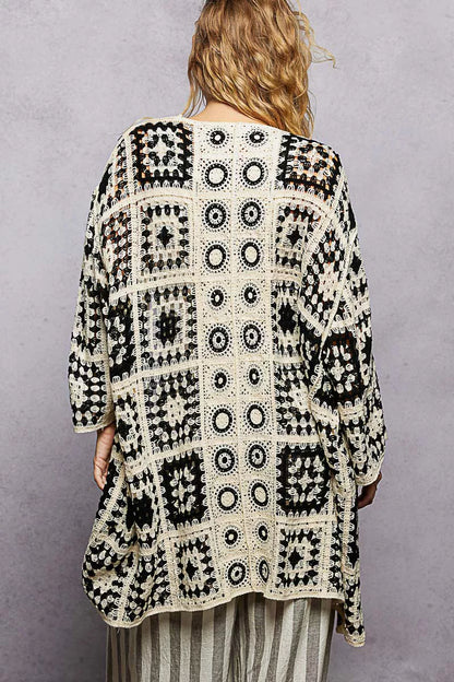 POL Black Granny Square Pattern Open Front Crochet Cardigan - - Cardigans